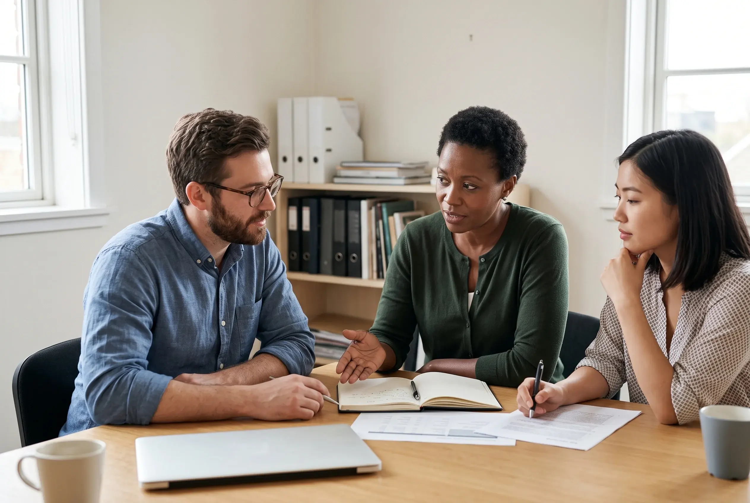 Three colleagues discussing work documents together around an office table with notebooks, mugs and a closed laptop.
