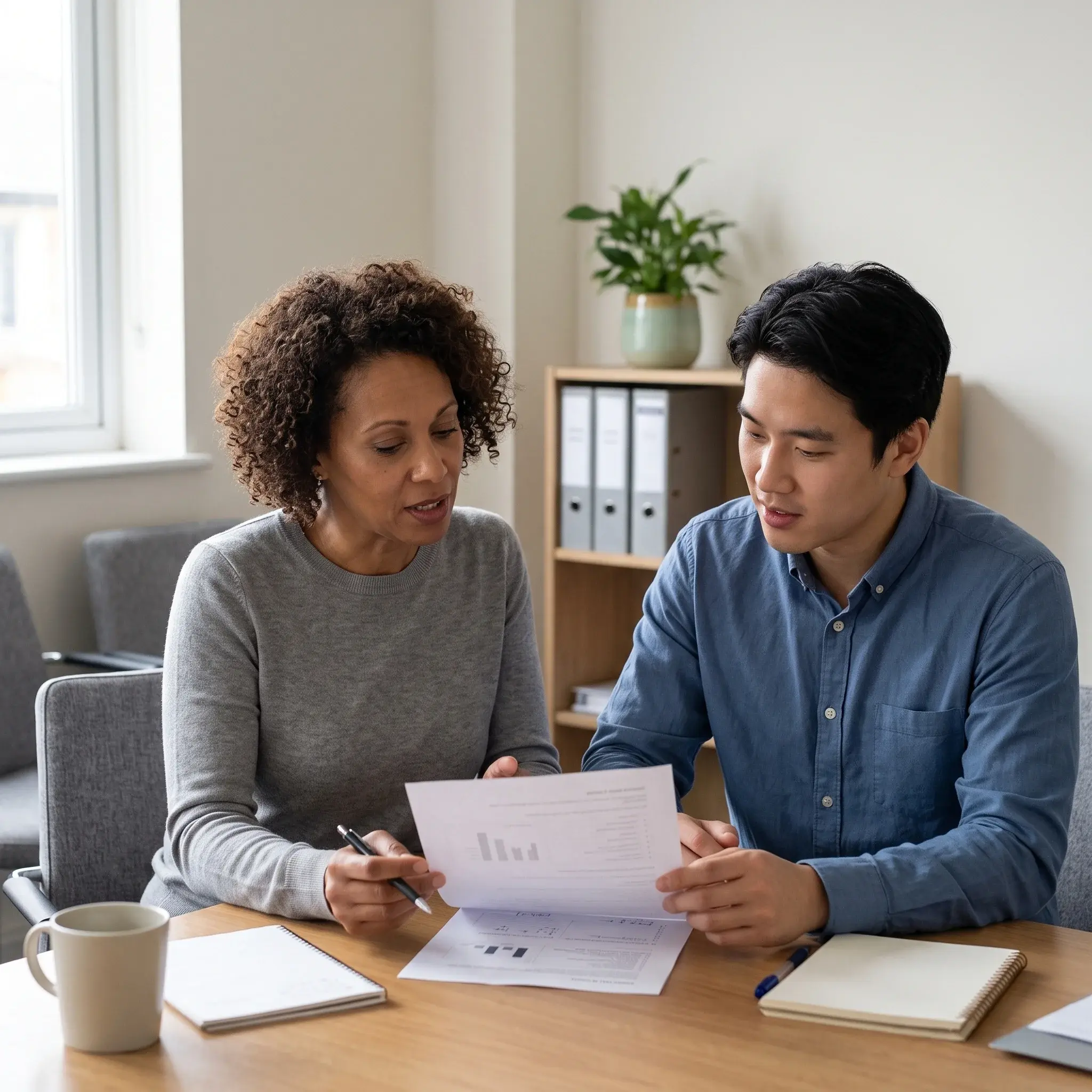Two colleagues reviewing a printed performance report together at an office table with notebooks and a mug.