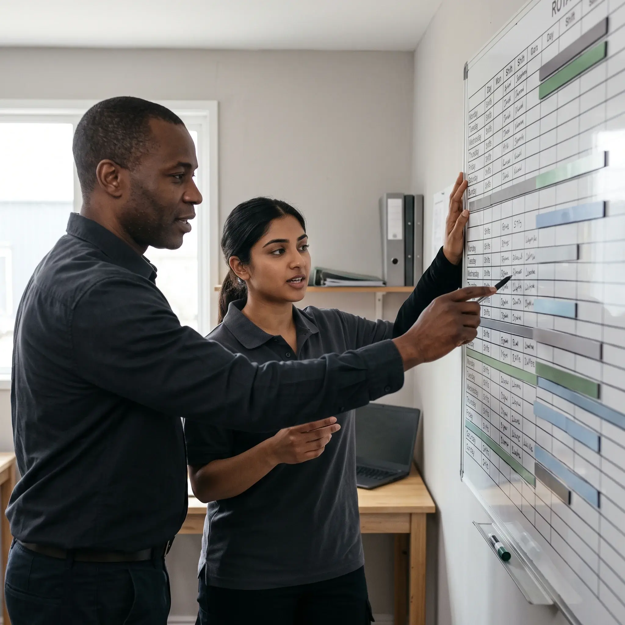 Two colleagues reviewing a staff rota together on a wall-mounted schedule board in an operations office.