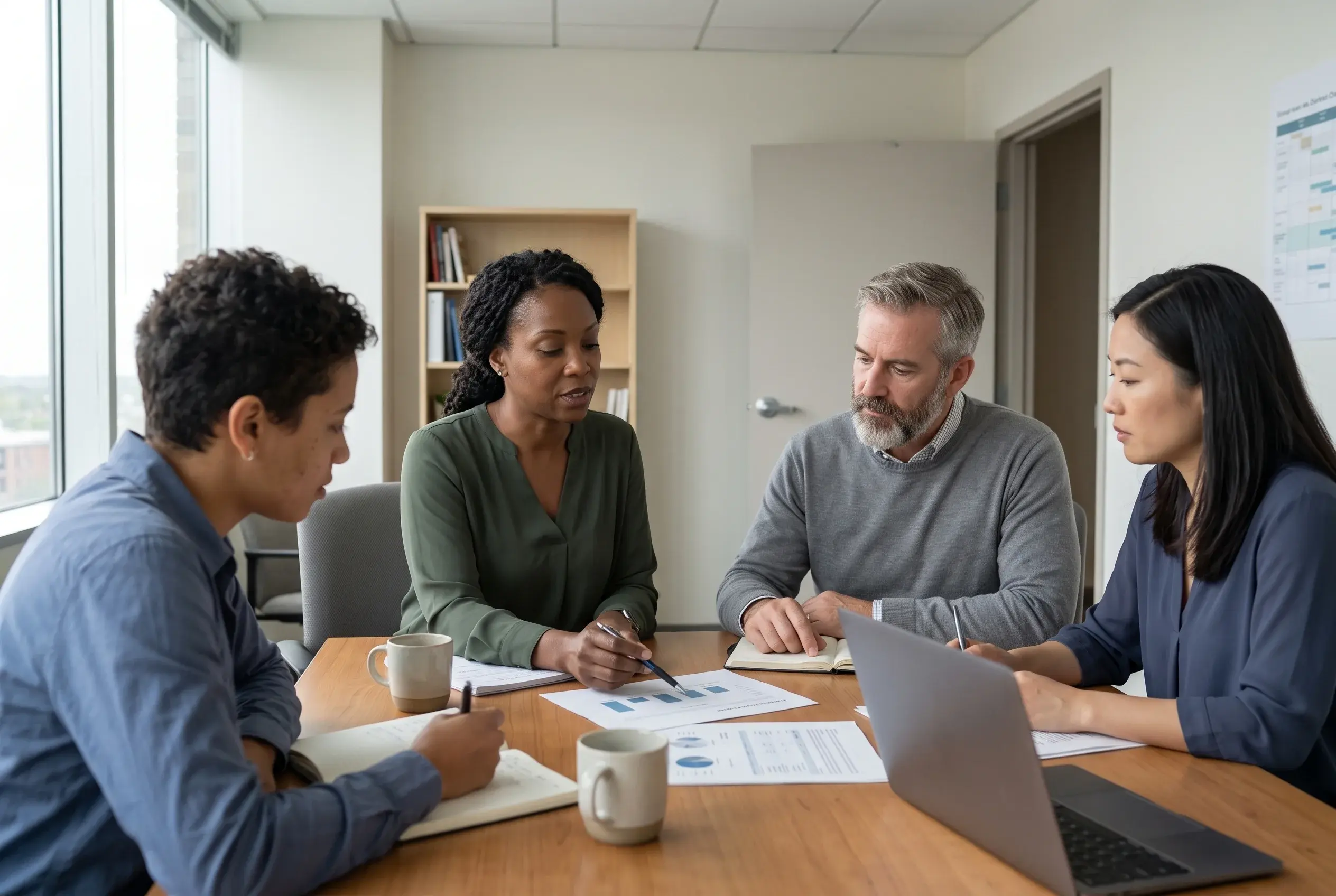 Four colleagues reviewing documents together around a meeting table with notebooks, mugs and a laptop.