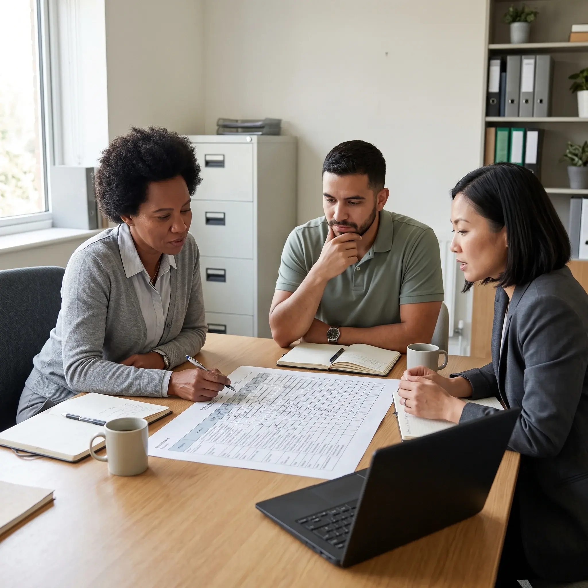 Three colleagues reviewing a printed work schedule together around an office table with notebooks, mugs and a laptop.