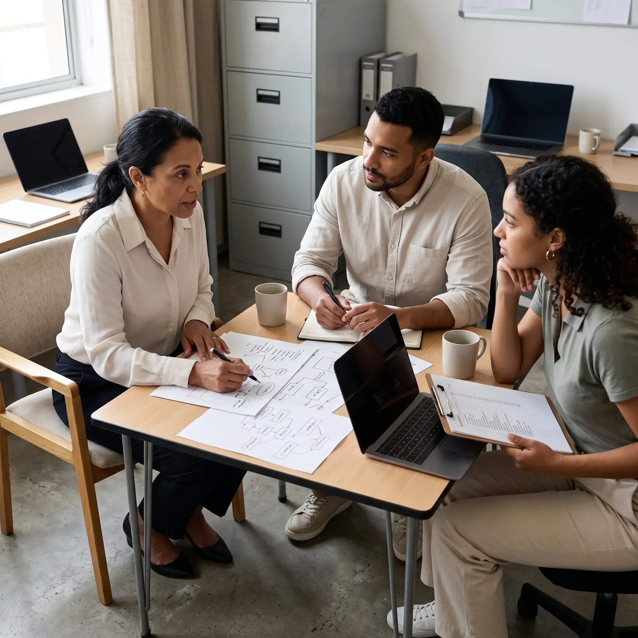 Three colleagues discussing workflow and project documents around an office table with a laptop, notebooks and mugs.