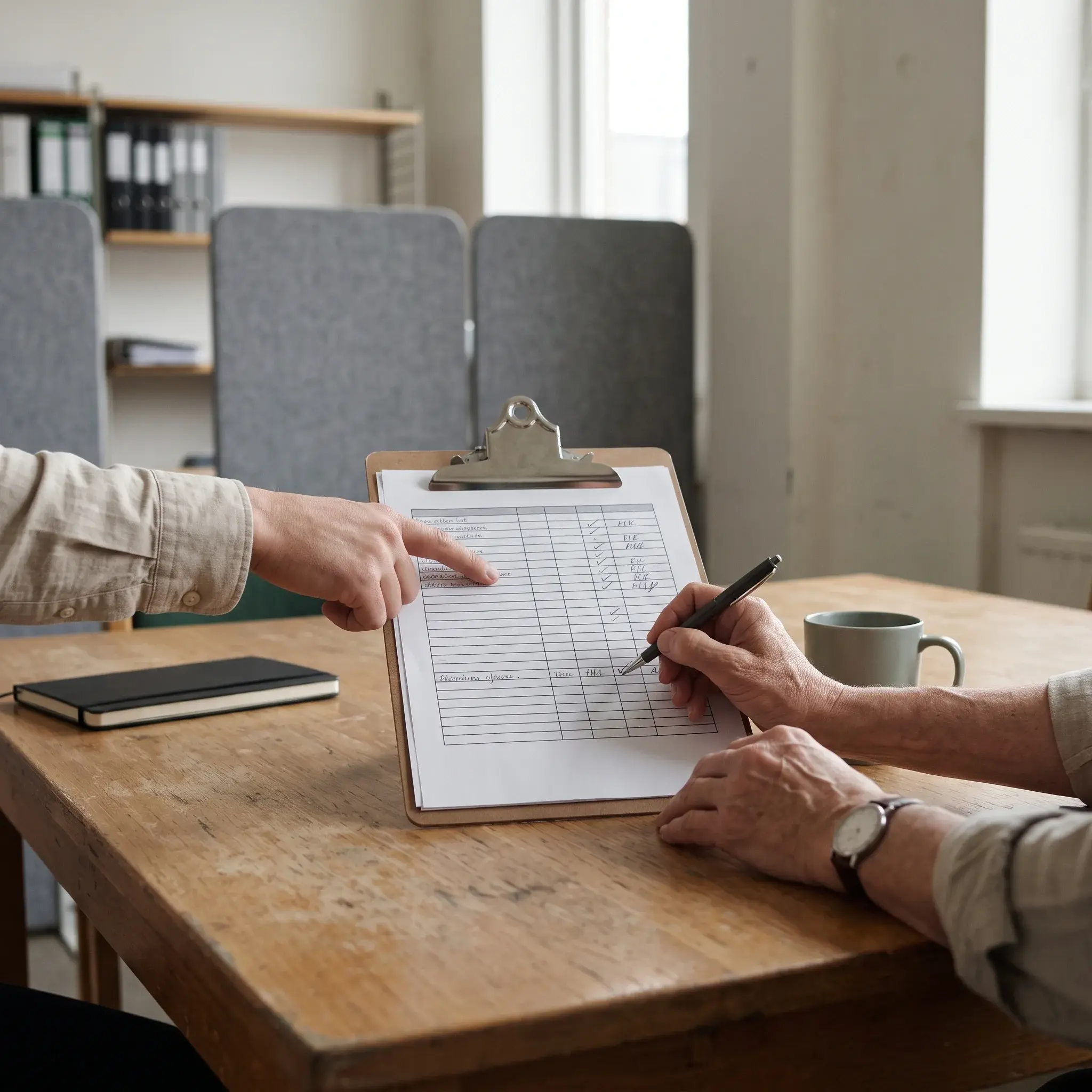 Two colleagues reviewing a checklist together on a clipboard at a wooden office table.