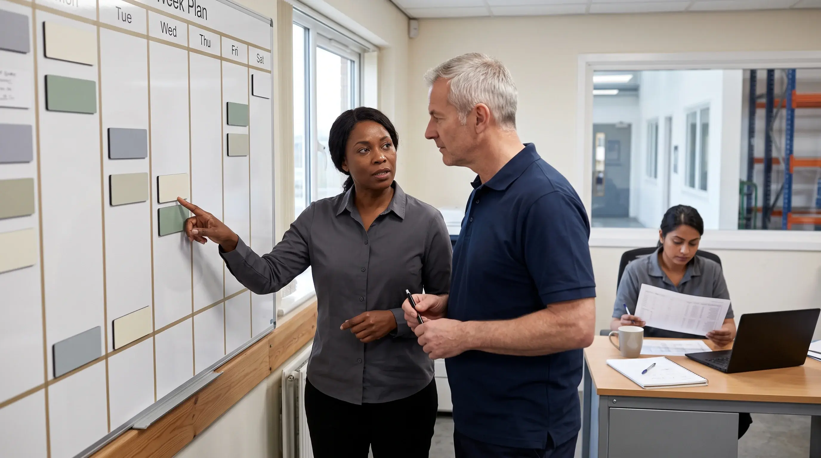 Two managers reviewing a weekly work plan on a whiteboard in an operations office while a colleague works at a nearby desk.